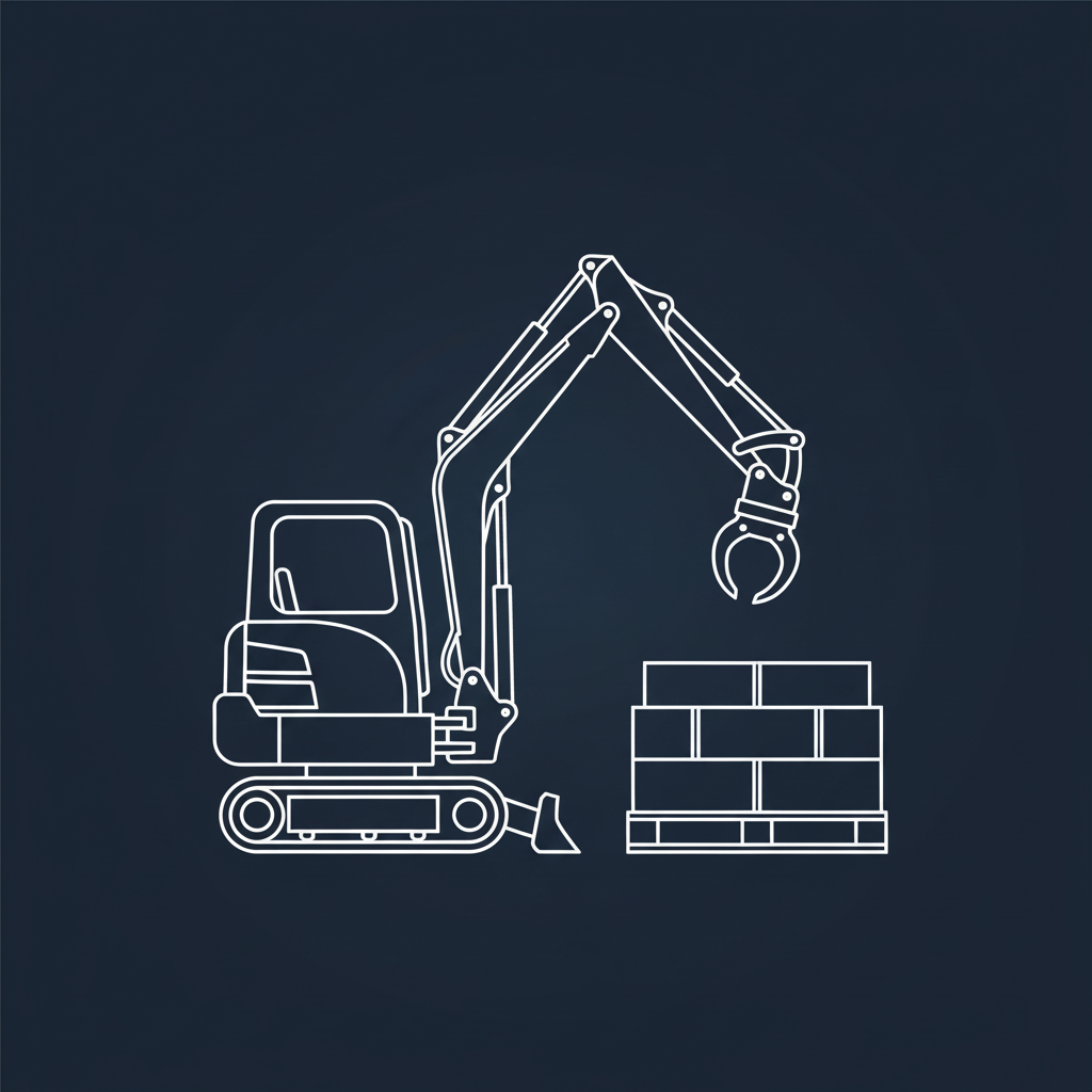 Diagram: mini excavator with WingSet® clamp lifting concrete block off pallet